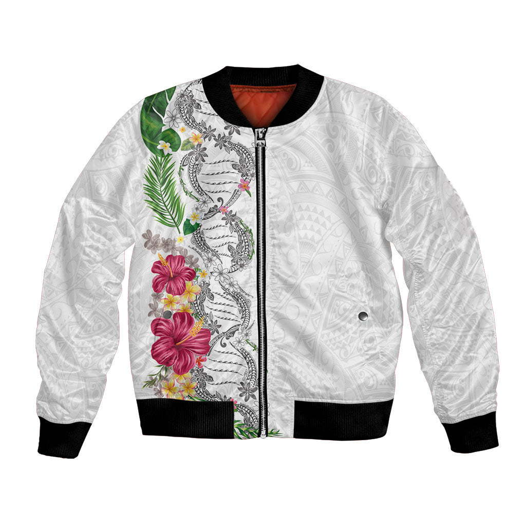 Hawaii DNA Kakau Tattoo Bomber Jacket with Plumeria and Hibiscus Tropical Plants White Color