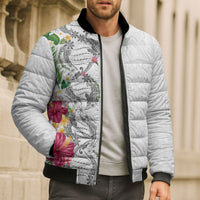 Hawaii DNA Kakau Tattoo Bomber Puffer Jacket with Plumeria and Hibiscus Tropical Plants White Color