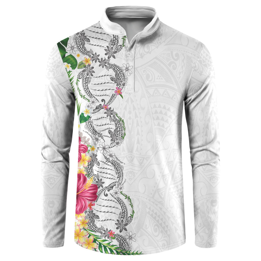 Hawaii DNA Kakau Tattoo Button Sweatshirt with Plumeria and Hibiscus Tropical Plants White Color LT03 White - Polynesian Pride