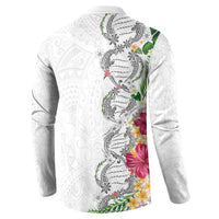 Hawaii DNA Kakau Tattoo Button Sweatshirt with Plumeria and Hibiscus Tropical Plants White Color