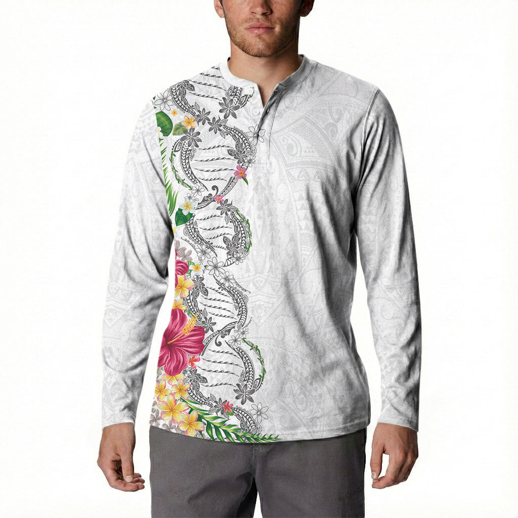 Hawaii DNA Kakau Tattoo Button Sweatshirt with Plumeria and Hibiscus Tropical Plants White Color
