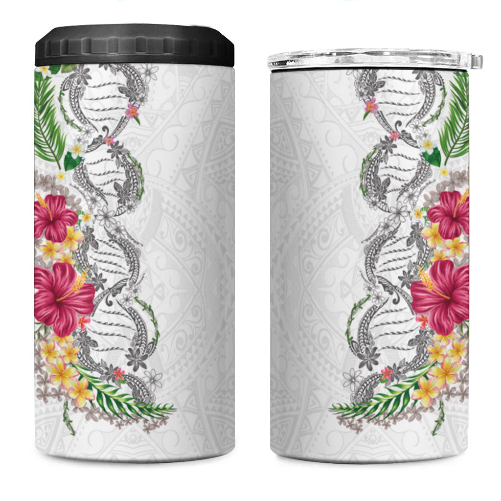Hawaii DNA Kakau Tattoo 4 in 1 Can Cooler Tumbler with Plumeria and Hibiscus Tropical Plants White Color