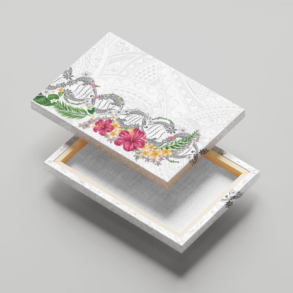 Hawaii DNA Kakau Tattoo Canvas Wall Art with Plumeria and Hibiscus Tropical Plants White Color