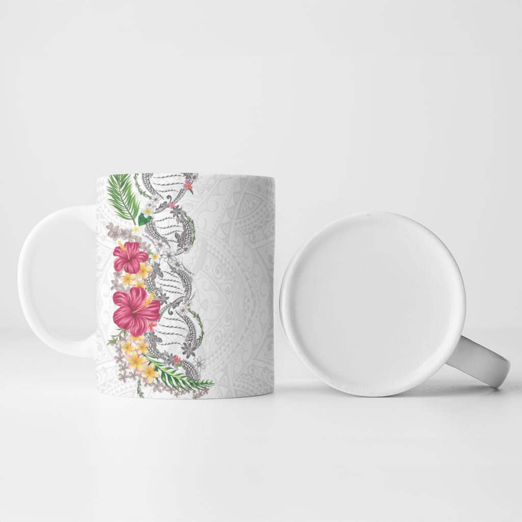 Hawaii DNA Kakau Tattoo Ceramic Mug with Plumeria and Hibiscus Tropical Plants White Color