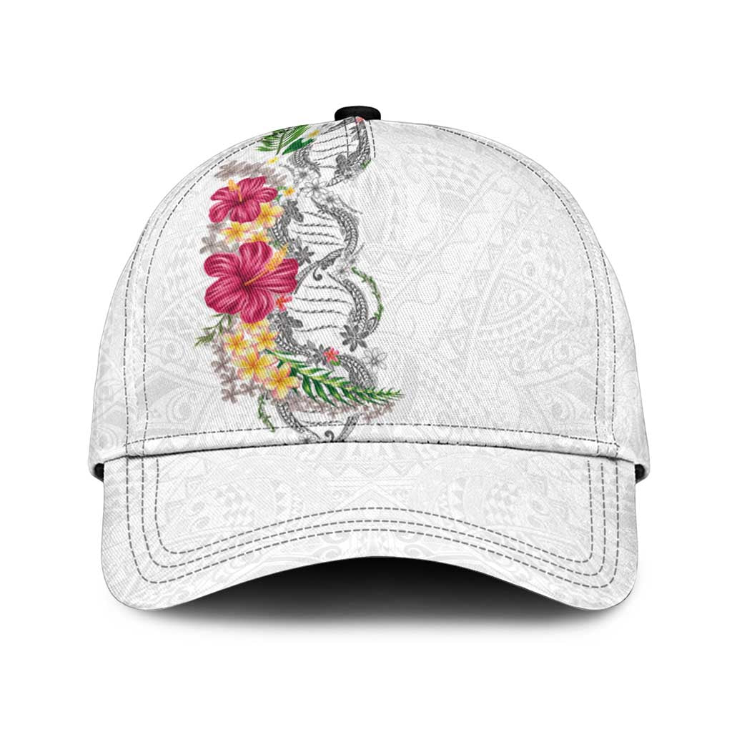 Hawaii DNA Kakau Tattoo Classic Cap with Plumeria and Hibiscus Tropical Plants White Color