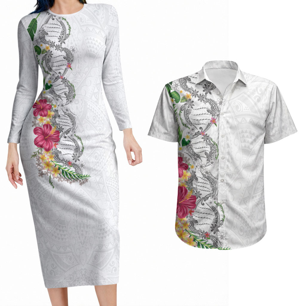 Hawaii DNA Kakau Tattoo Couples Matching Long Sleeve Bodycon Dress and Hawaiian Shirt with Plumeria and Hibiscus Tropical Plants White Color LT03 White - Polynesian Pride