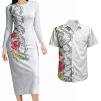 Hawaii DNA Kakau Tattoo Couples Matching Long Sleeve Bodycon Dress and Hawaiian Shirt with Plumeria and Hibiscus Tropical Plants White Color