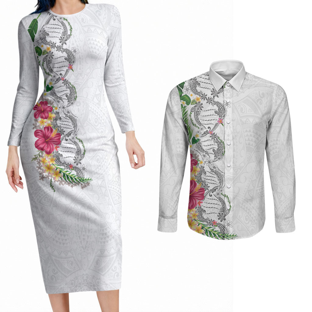 Hawaii DNA Kakau Tattoo Couples Matching Long Sleeve Bodycon Dress and Long Sleeve Button Shirt with Plumeria and Hibiscus Tropical Plants White Color