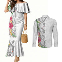 Hawaii DNA Kakau Tattoo Couples Matching Mermaid Dress and Long Sleeve Button Shirt with Plumeria and Hibiscus Tropical Plants White Color