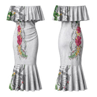 Hawaii DNA Kakau Tattoo Couples Matching Mermaid Dress and Long Sleeve Button Shirt with Plumeria and Hibiscus Tropical Plants White Color