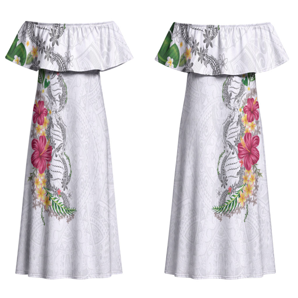 Hawaii DNA Kakau Tattoo Couples Matching Off Shoulder Maxi Dress and Hawaiian Shirt with Plumeria and Hibiscus Tropical Plants White Color