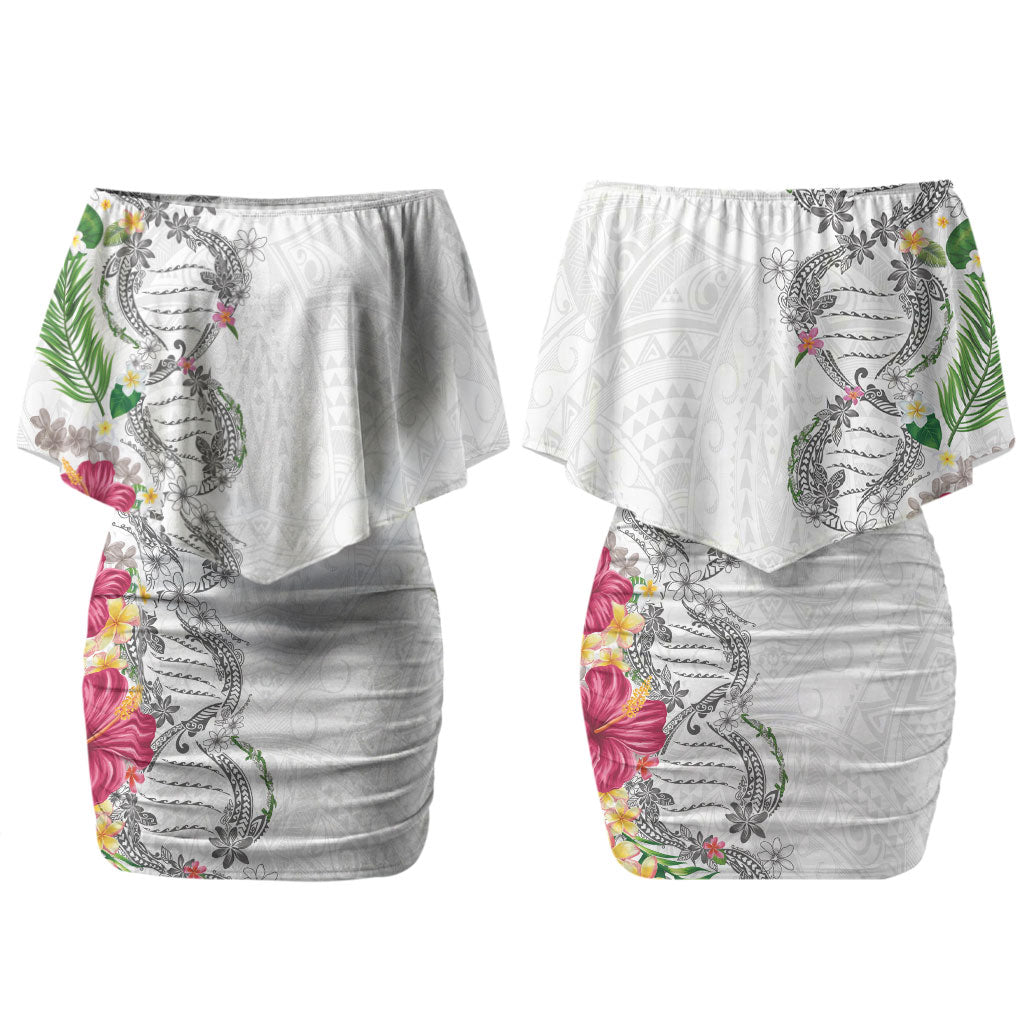 Hawaii DNA Kakau Tattoo Couples Matching Off Shoulder Short Dress and Hawaiian Shirt with Plumeria and Hibiscus Tropical Plants White Color