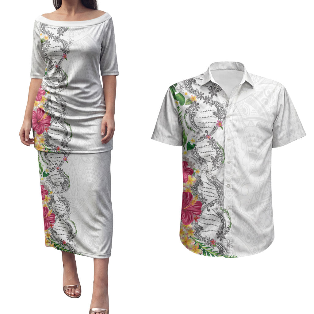 Hawaii DNA Kakau Tattoo Couples Matching Puletasi and Hawaiian Shirt with Plumeria and Hibiscus Tropical Plants White Color LT03 White - Polynesian Pride