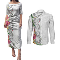 Hawaii DNA Kakau Tattoo Couples Matching Puletasi and Long Sleeve Button Shirt with Plumeria and Hibiscus Tropical Plants White Color