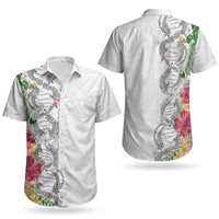 Hawaii DNA Kakau Tattoo Couples Matching Short Sleeve Bodycon Dress and Hawaiian Shirt with Plumeria and Hibiscus Tropical Plants White Color