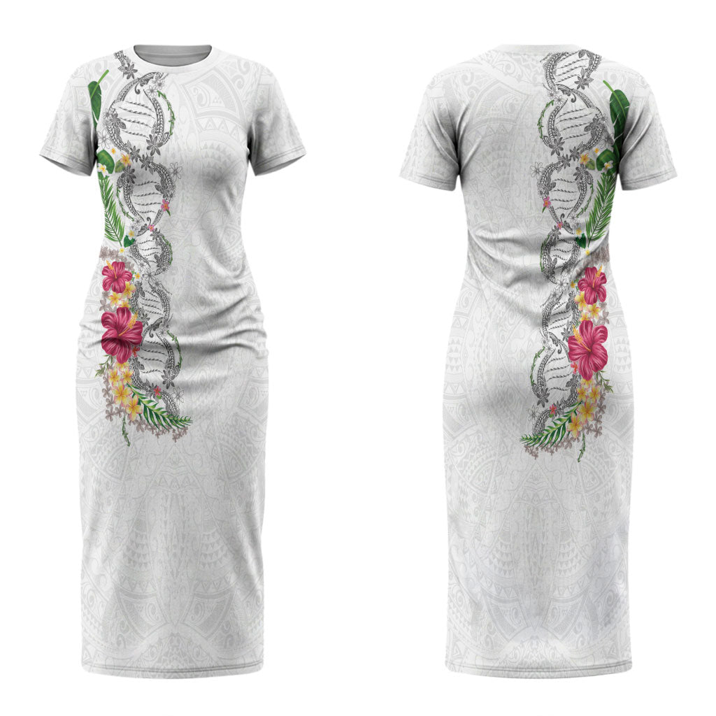 Hawaii DNA Kakau Tattoo Couples Matching Short Sleeve Bodycon Dress and Hawaiian Shirt with Plumeria and Hibiscus Tropical Plants White Color