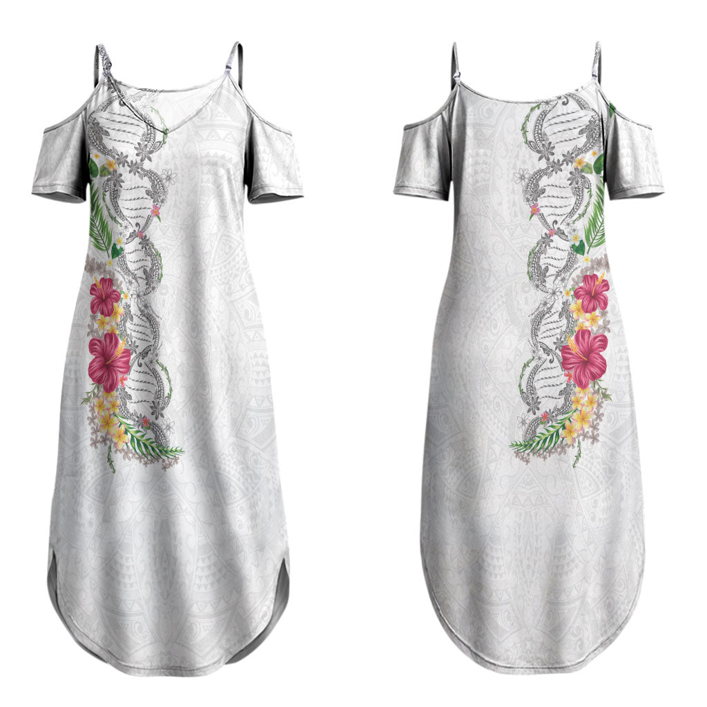 Hawaii DNA Kakau Tattoo Couples Matching Summer Maxi Dress and Hawaiian Shirt with Plumeria and Hibiscus Tropical Plants White Color
