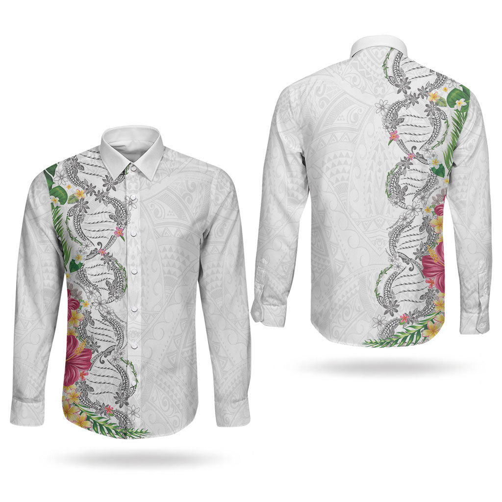 Hawaii DNA Kakau Tattoo Couples Matching Tank Maxi Dress and Long Sleeve Button Shirt with Plumeria and Hibiscus Tropical Plants White Color