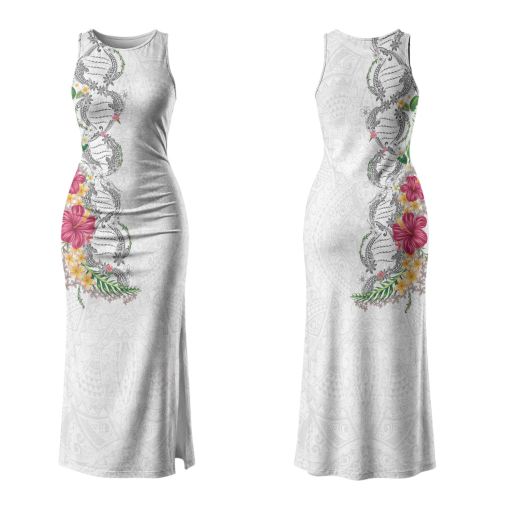 Hawaii DNA Kakau Tattoo Couples Matching Tank Maxi Dress and Long Sleeve Button Shirt with Plumeria and Hibiscus Tropical Plants White Color