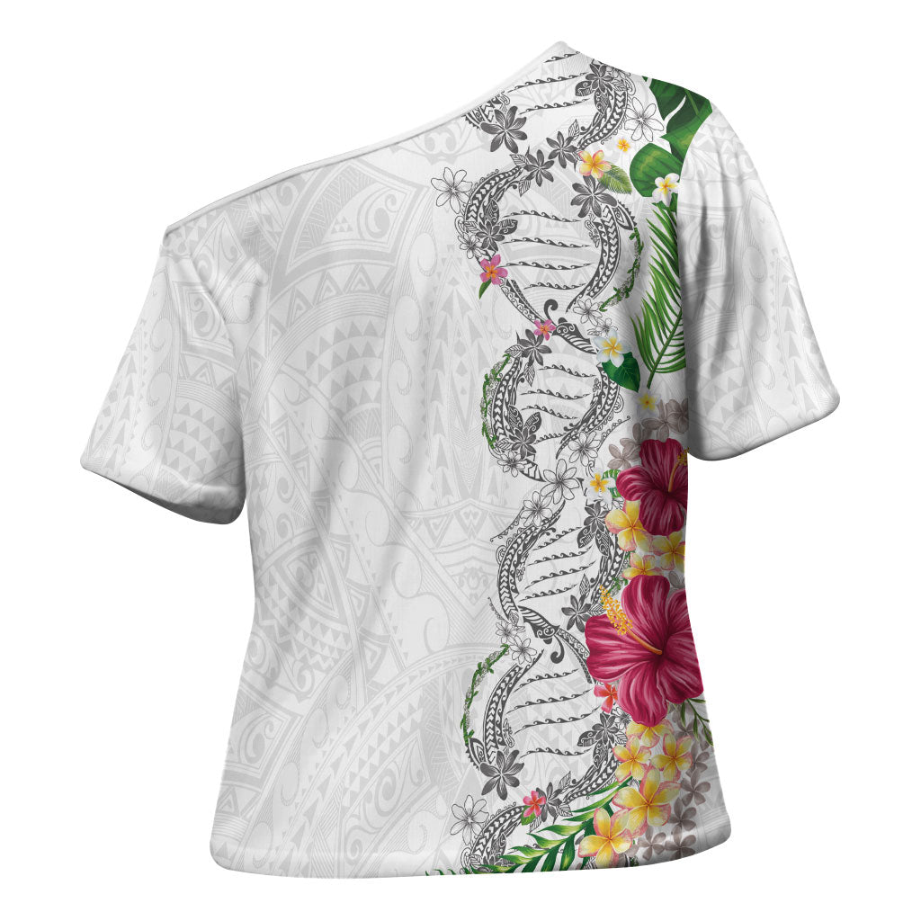 Hawaii DNA Kakau Tattoo Cross Shoulder Shirt with Plumeria and Hibiscus Tropical Plants White Color
