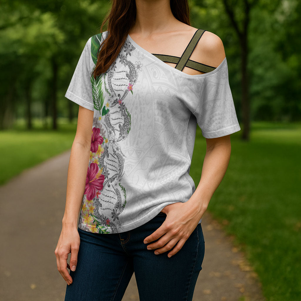 Hawaii DNA Kakau Tattoo Cross Shoulder Shirt with Plumeria and Hibiscus Tropical Plants White Color