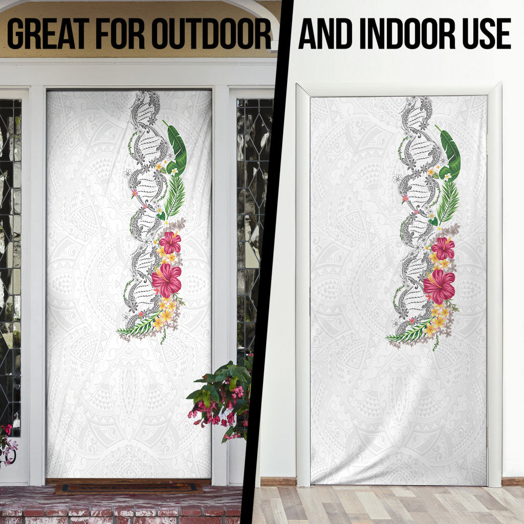 Hawaii DNA Kakau Tattoo Door Cover with Plumeria and Hibiscus Tropical Plants White Color