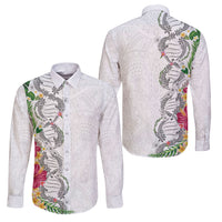 Hawaii DNA Kakau Tattoo Family Matching Long Sleeve Bodycon Dress and Hawaiian Shirt with Plumeria and Hibiscus Tropical Plants White Color