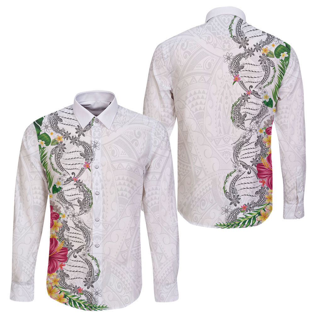 Hawaii DNA Kakau Tattoo Family Matching Mermaid Dress and Hawaiian Shirt with Plumeria and Hibiscus Tropical Plants White Color