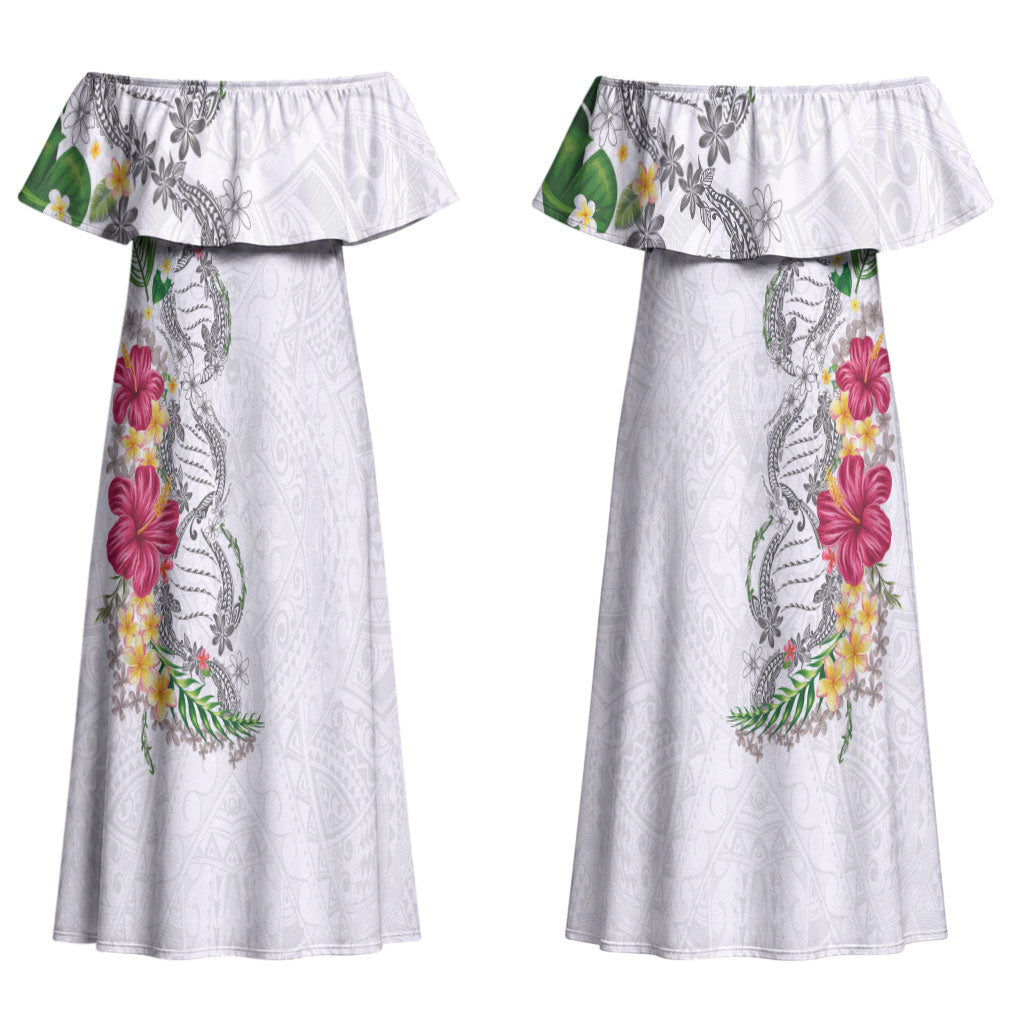Hawaii DNA Kakau Tattoo Family Matching Off Shoulder Maxi Dress and Hawaiian Shirt with Plumeria and Hibiscus Tropical Plants White Color