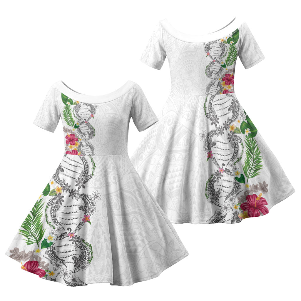 Hawaii DNA Kakau Tattoo Family Matching Tank Maxi Dress and Hawaiian Shirt with Plumeria and Hibiscus Tropical Plants White Color