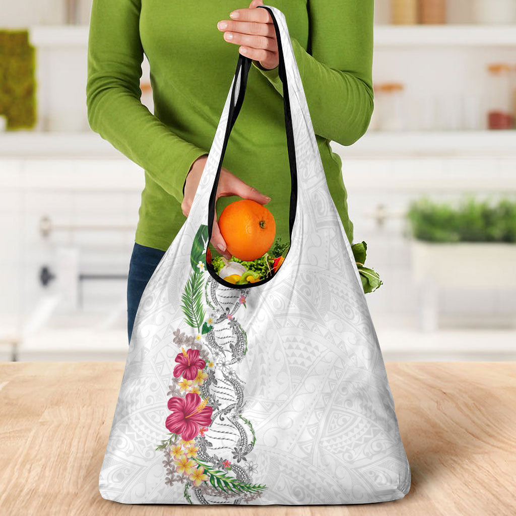 Hawaii DNA Kakau Tattoo Grocery Bag with Plumeria and Hibiscus Tropical Plants White Color