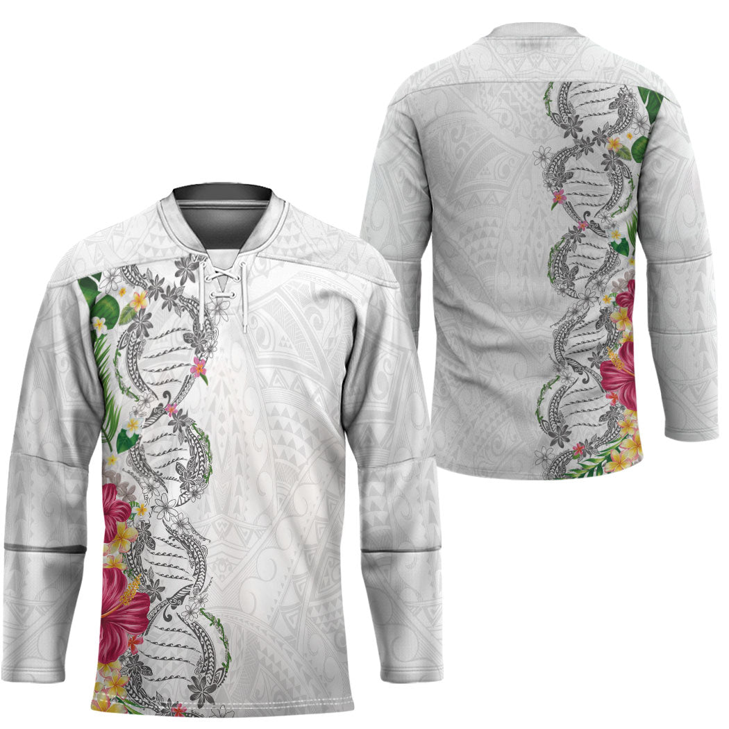 Hawaii DNA Kakau Tattoo Hockey Jersey with Plumeria and Hibiscus Tropical Plants White Color