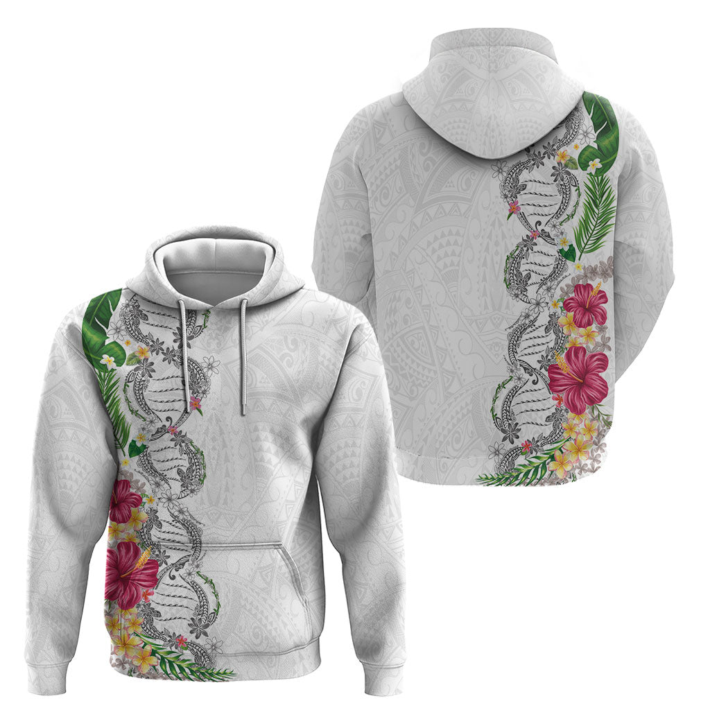 Hawaii DNA Kakau Tattoo Hoodie with Plumeria and Hibiscus Tropical Plants White Color