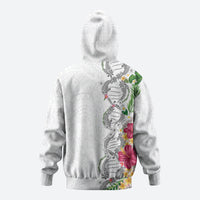 Hawaii DNA Kakau Tattoo Hoodie with Plumeria and Hibiscus Tropical Plants White Color