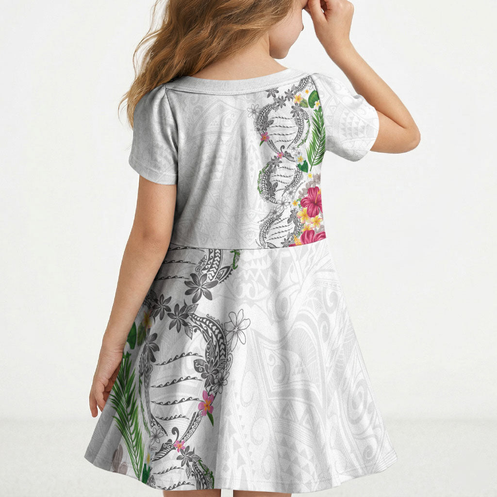 Hawaii DNA Kakau Tattoo Kid Short Sleeve Dress with Plumeria and Hibiscus Tropical Plants White Color