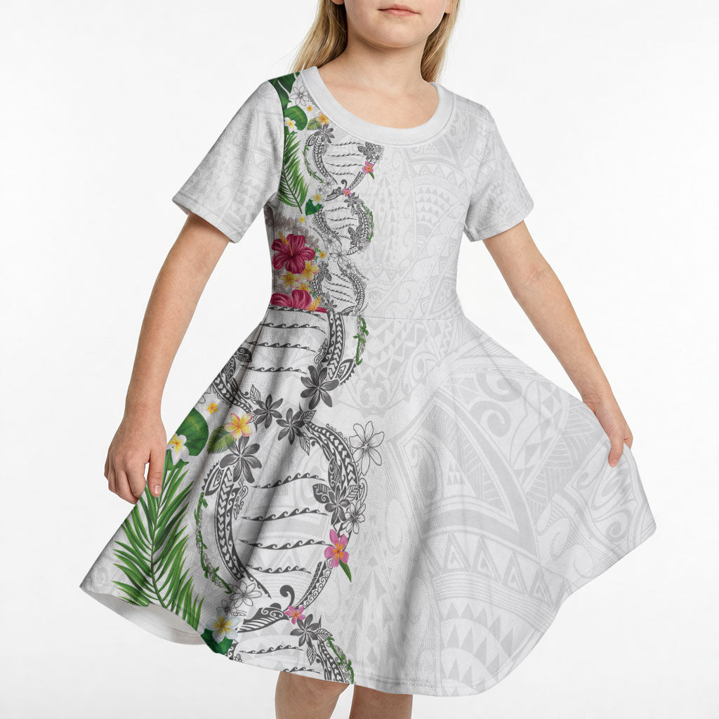 Hawaii DNA Kakau Tattoo Kid Short Sleeve Dress with Plumeria and Hibiscus Tropical Plants White Color