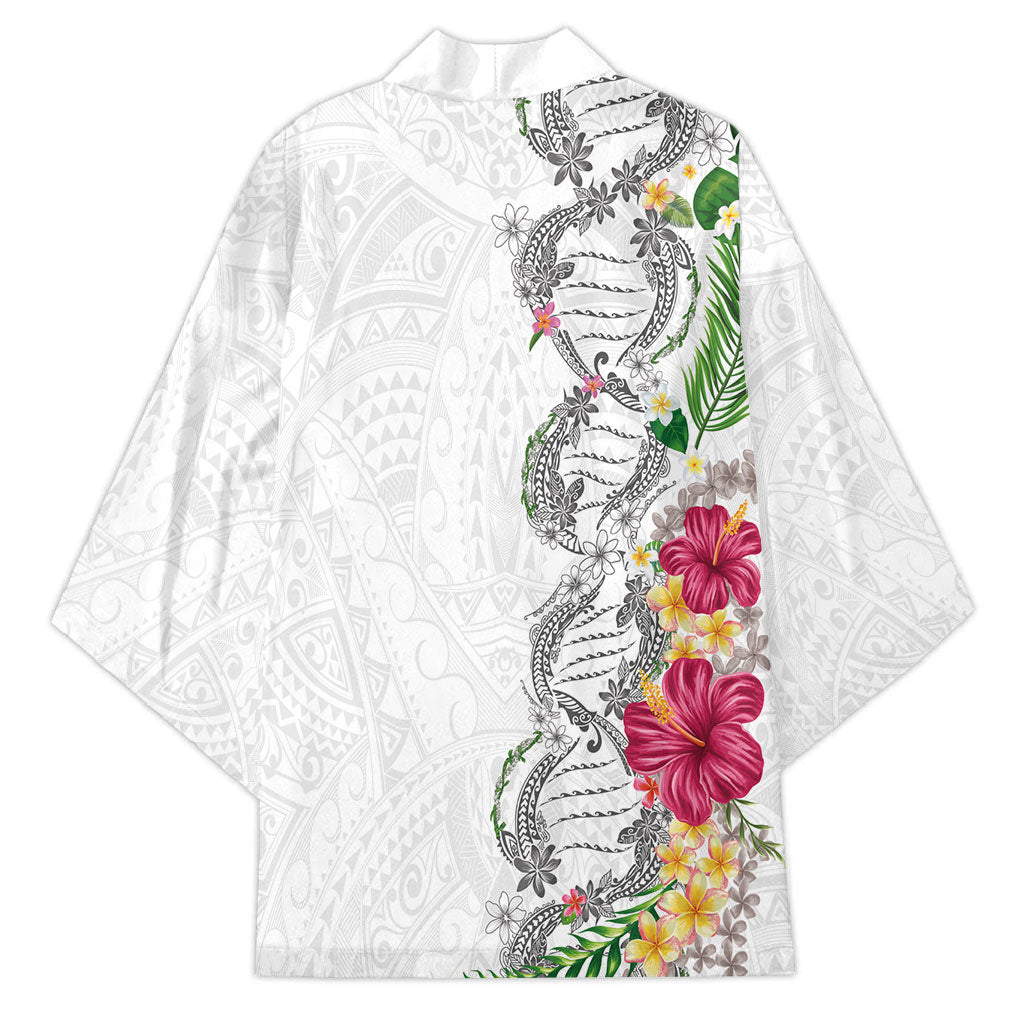 Hawaii DNA Kakau Tattoo Kimono with Plumeria and Hibiscus Tropical Plants White Color