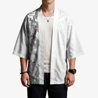Hawaii DNA Kakau Tattoo Kimono with Plumeria and Hibiscus Tropical Plants White Color