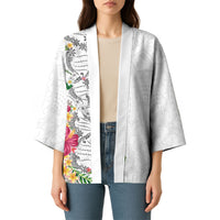 Hawaii DNA Kakau Tattoo Kimono with Plumeria and Hibiscus Tropical Plants White Color