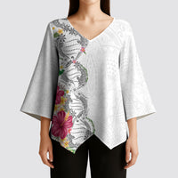 Hawaii DNA Kakau Tattoo Kimono Sleeve Blouse with Plumeria and Hibiscus Tropical Plants White Color