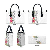 Hawaii DNA Kakau Tattoo Leather Bag with Plumeria and Hibiscus Tropical Plants White Color