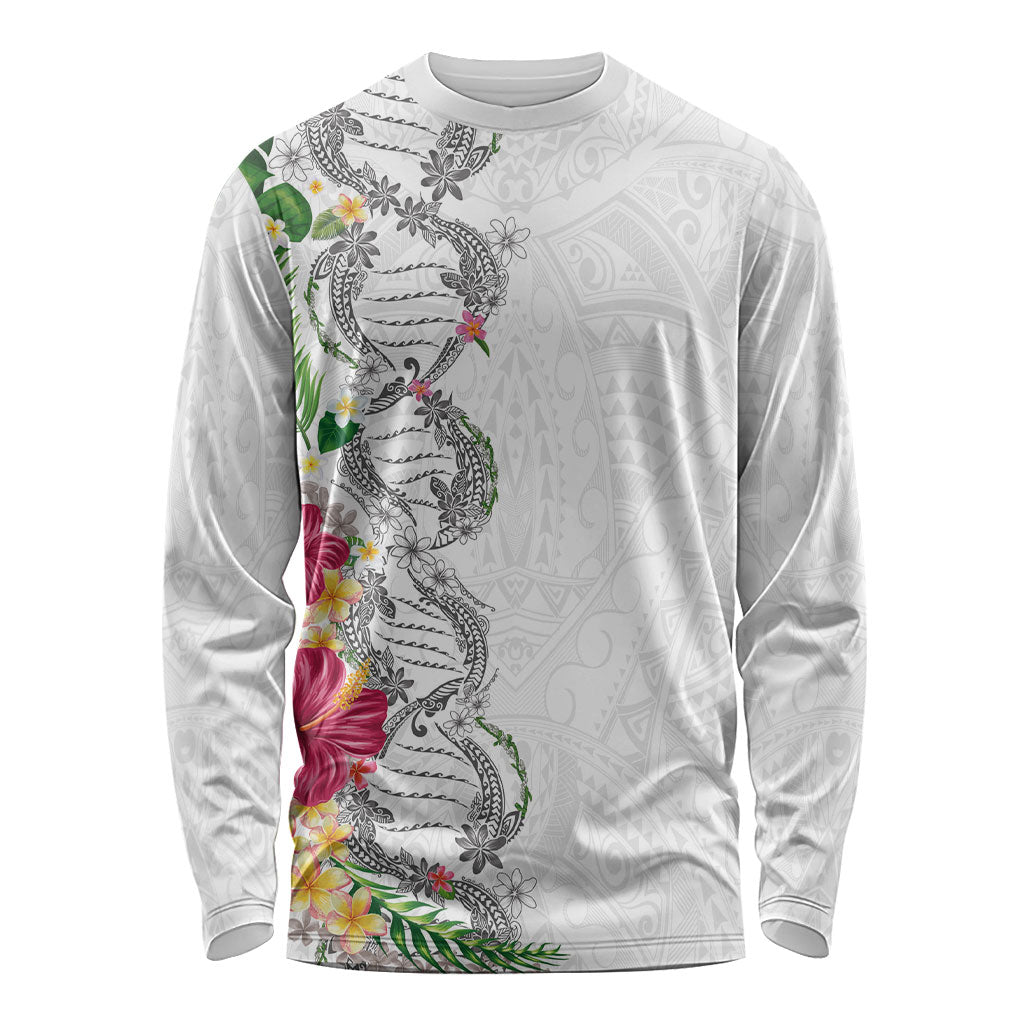 Hawaii DNA Kakau Tattoo Long Sleeve Shirt with Plumeria and Hibiscus Tropical Plants White Color