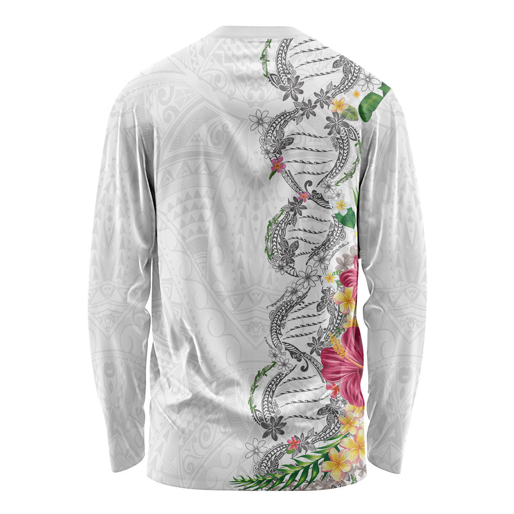 Hawaii DNA Kakau Tattoo Long Sleeve Shirt with Plumeria and Hibiscus Tropical Plants White Color
