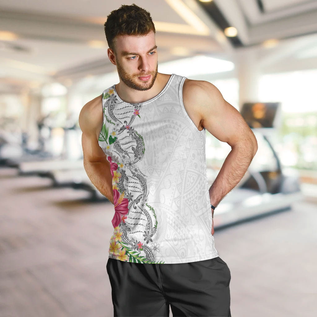 Hawaii DNA Kakau Tattoo Men Tank Top with Plumeria and Hibiscus Tropical Plants White Color