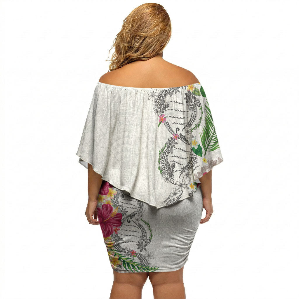 Hawaii DNA Kakau Tattoo Off Shoulder Short Dress with Plumeria and Hibiscus Tropical Plants White Color