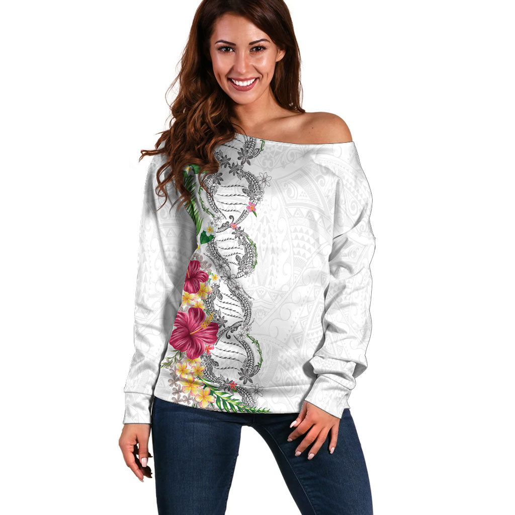 Hawaii DNA Kakau Tattoo Off Shoulder Sweater with Plumeria and Hibiscus Tropical Plants White Color LT03 Women White - Polynesian Pride