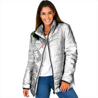 Hawaii DNA Kakau Tattoo Padded Jacket with Plumeria and Hibiscus Tropical Plants White Color
