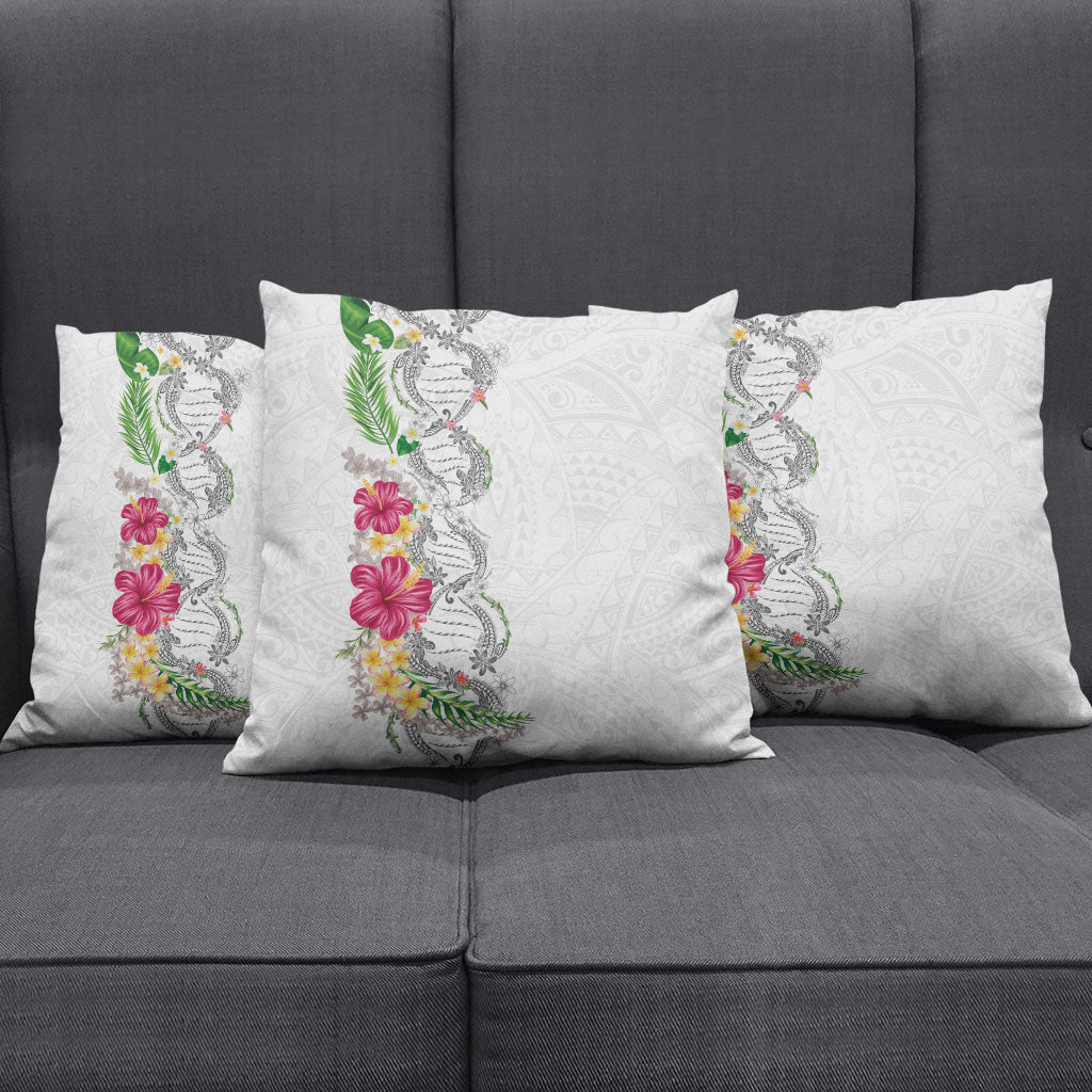 Hawaii DNA Kakau Tattoo Pillow Cover with Plumeria and Hibiscus Tropical Plants White Color