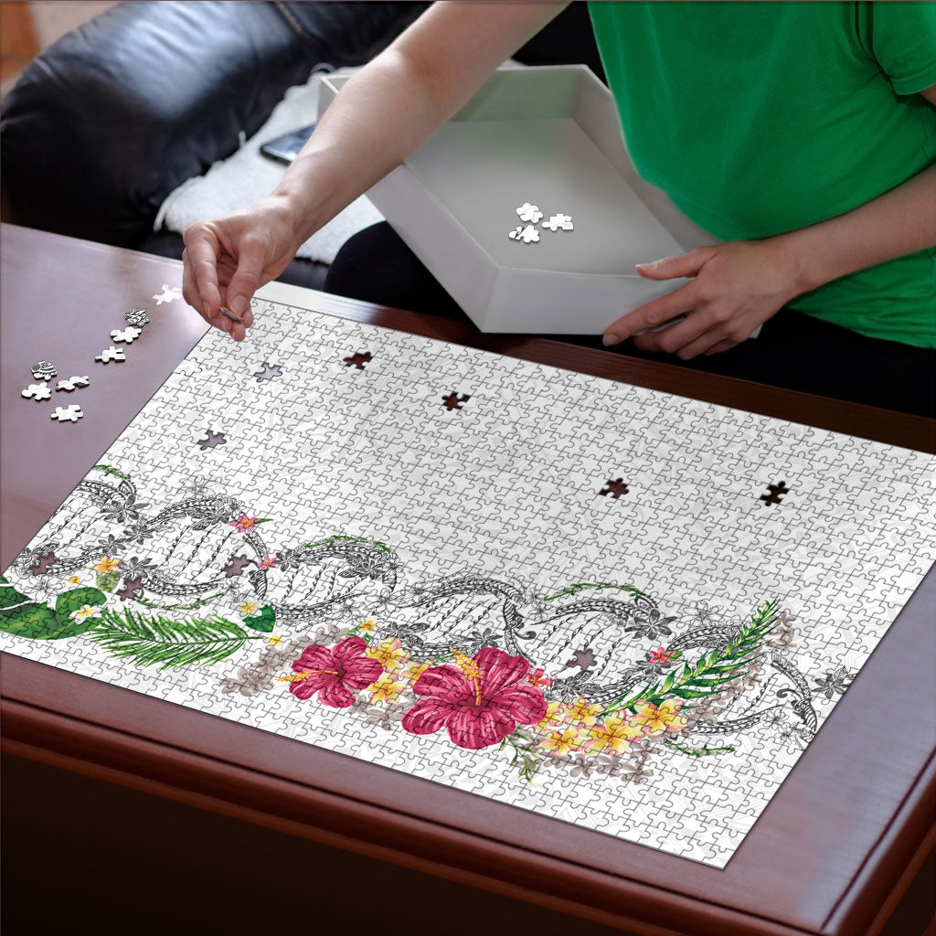 Hawaii DNA Kakau Tattoo Puzzle with Plumeria and Hibiscus Tropical Plants White Color