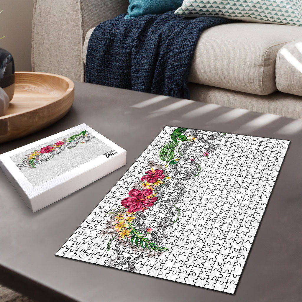Hawaii DNA Kakau Tattoo Puzzle with Plumeria and Hibiscus Tropical Plants White Color